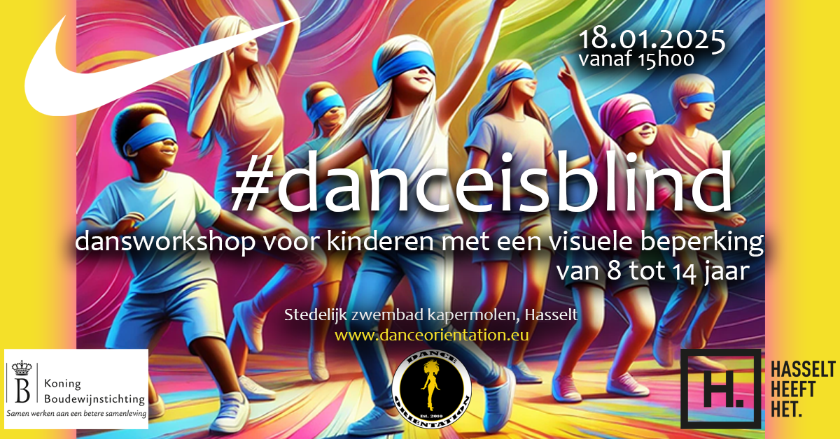 De flyer van de dansworkshop voor kinderen met een visuele beperking